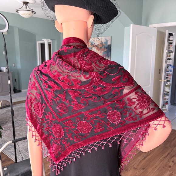Vintage 1999 Red Velvet Beaded Tango Shawl | Fringe Wrap - Picture 2 of 8